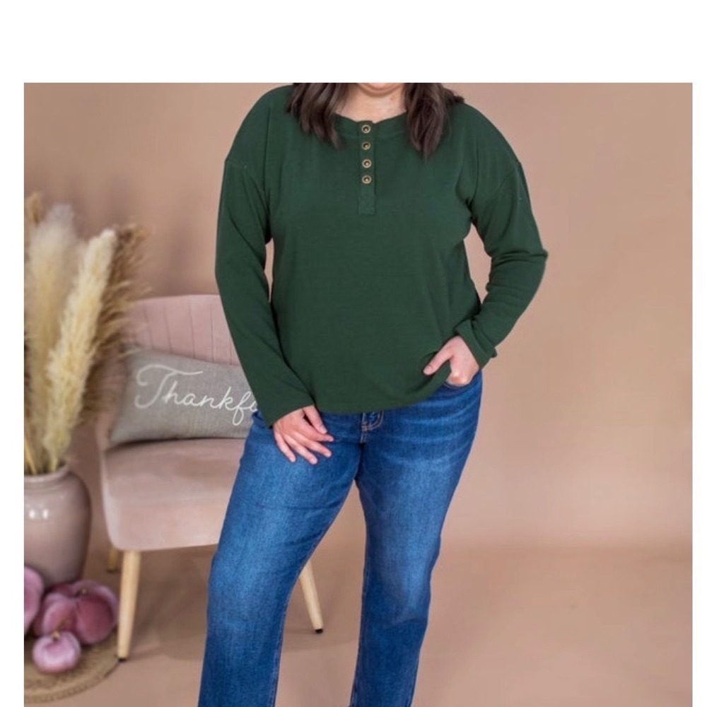 Blu Pepper Henley Top Womens M Green Good Waffle Knit Long Sleeve Button Up